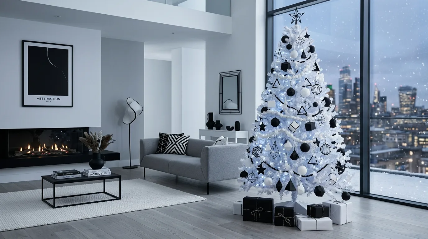Modern white Christmas tree with black-and-white ornaments.